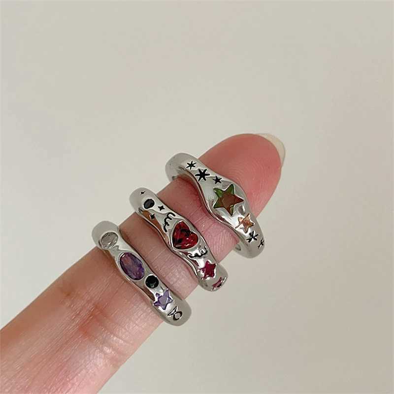 Kpop Colorful Zircon Star Rings for Women Irregular Metal Ring Retro Index Finger Aesthetic Jewelry Hip Hop Girls AccessoriesXJ251031
