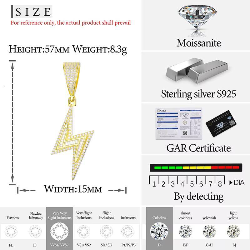 Wholesale Hip Hop Jewelry Gold Plated 925 Sterling Silver VVS Baguette Moissanite Diamond Lightning Pendant for Men