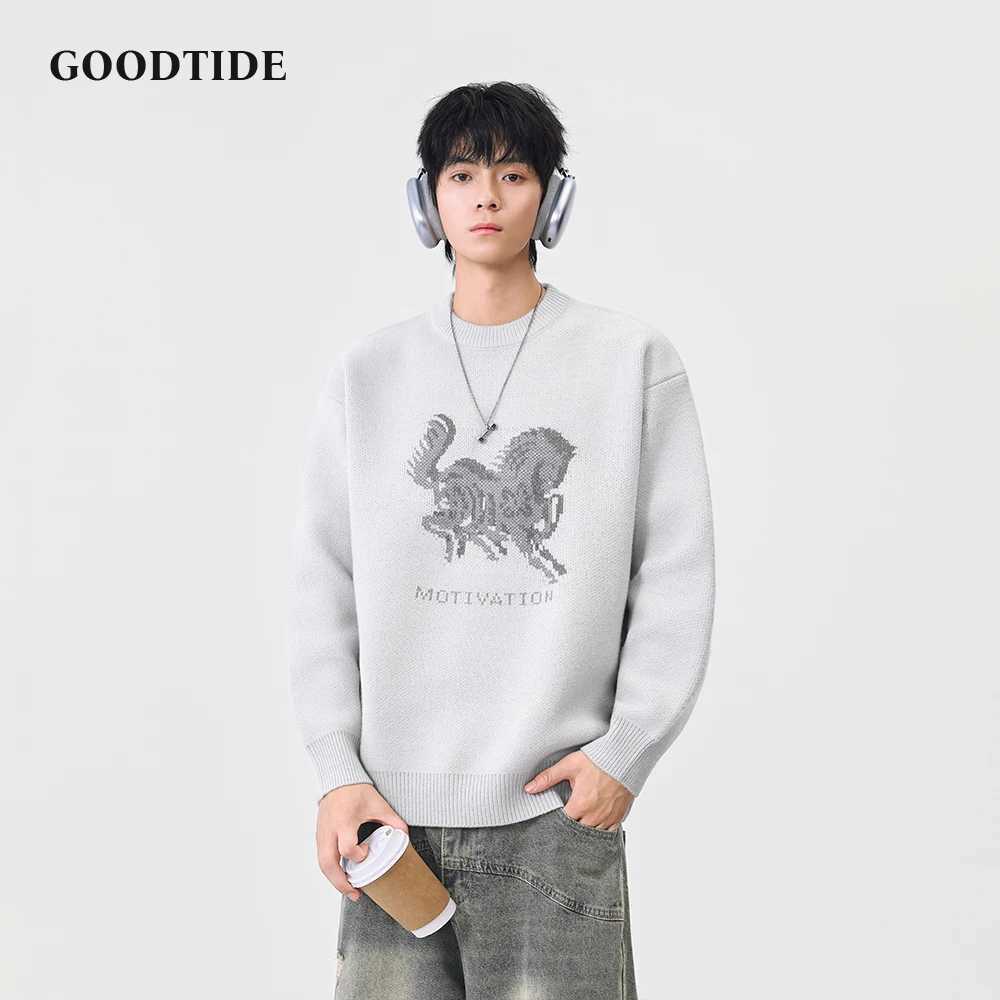 Fashion Mens Casual Crew Neck Sweater 2025 Winter New Horse Pattern Print Knitted Pullover Soft Long Sleeve Jumper Top J251021