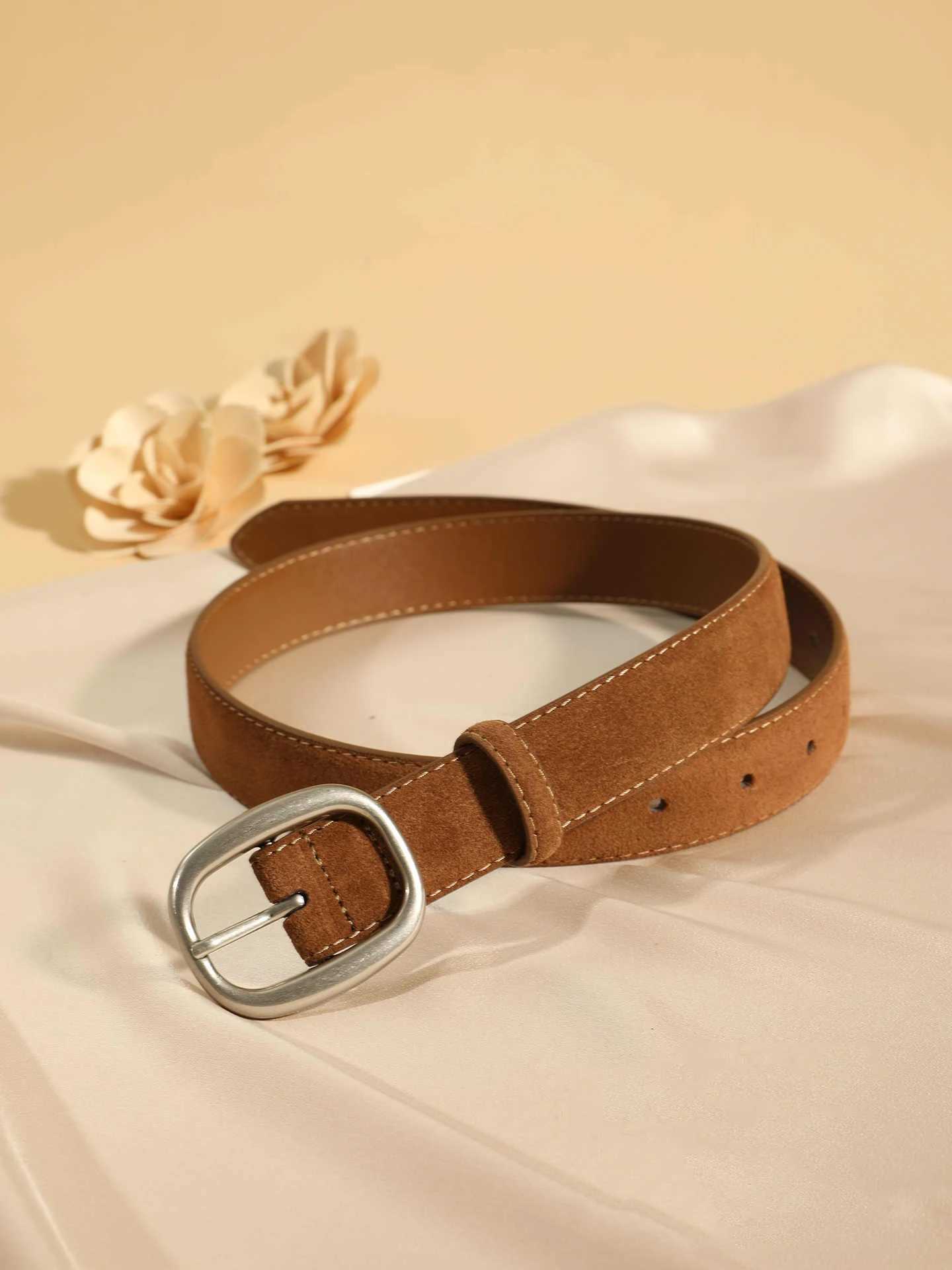 New Vintage Womens Suede Leather Belt Luxury Casual Leather Lady Belts Sliver Alloy Buckle Elegant Waist Belts for Dress CoatsW251030