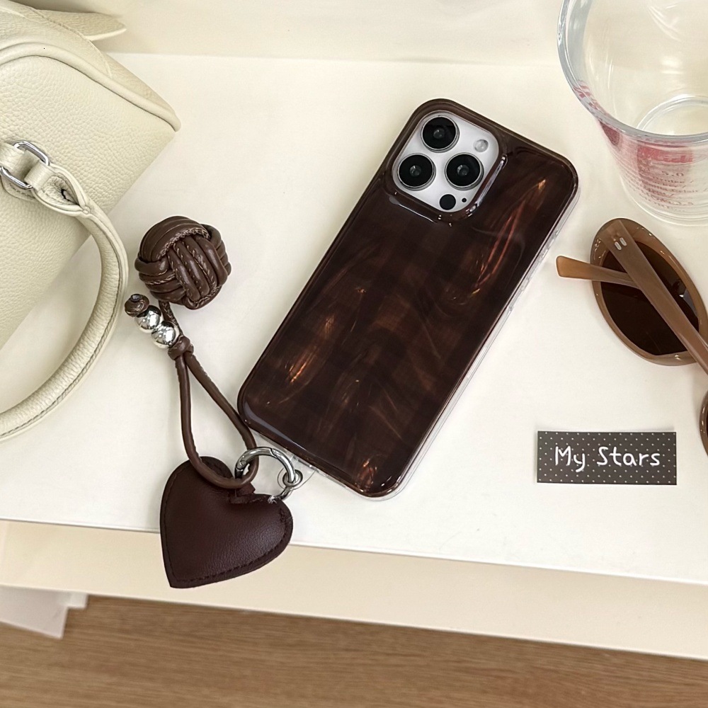 Brown Plaid Heart Pendant Phone Case Compatible with iPhone 17/16 Pro Personalized Protective Cover iPhone 15/14