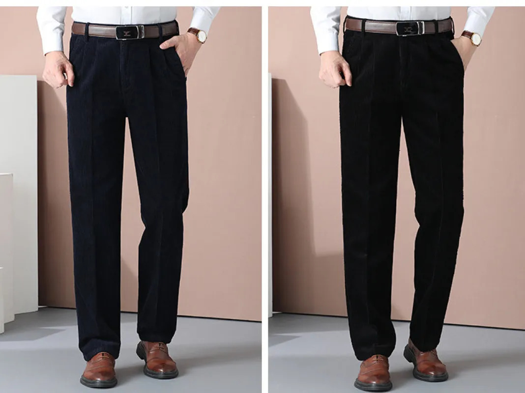 Mens Corduroy Pant Autumn Winter Thick Straight Fit FlatFront Casual Chino Pants Black Casual Trousers Male 251028