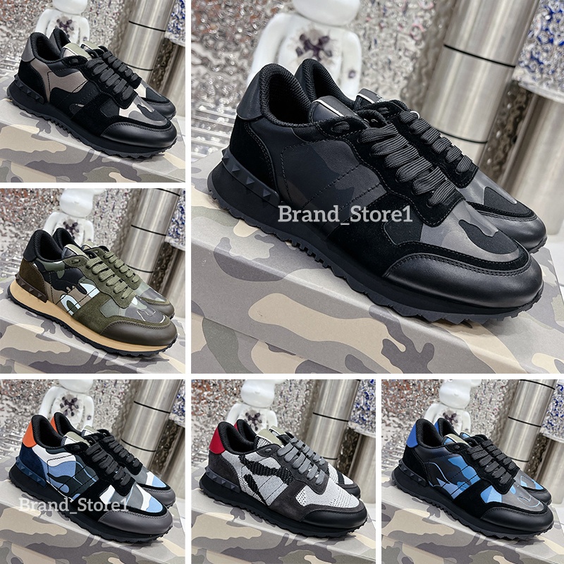 Designer Rockrunner Camouflage shoes Men Casual Sneakers Top Quality Leather Platform Rivet Trainers rubber sole triple black white sports Running Shoes with box
