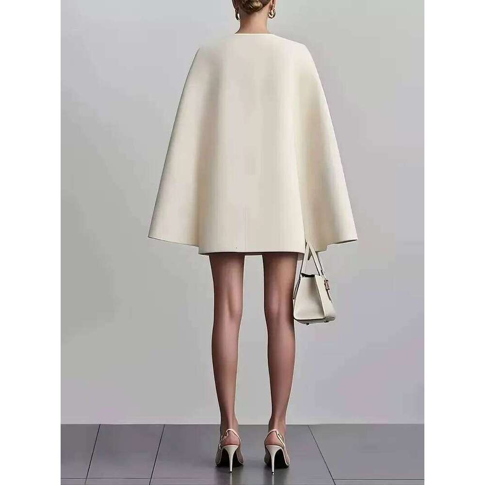 Women Fashion Commuter Solid Blazers Office Double Breasted Waist Party Elegant V Neck Shawl Cape Sleeve Dress