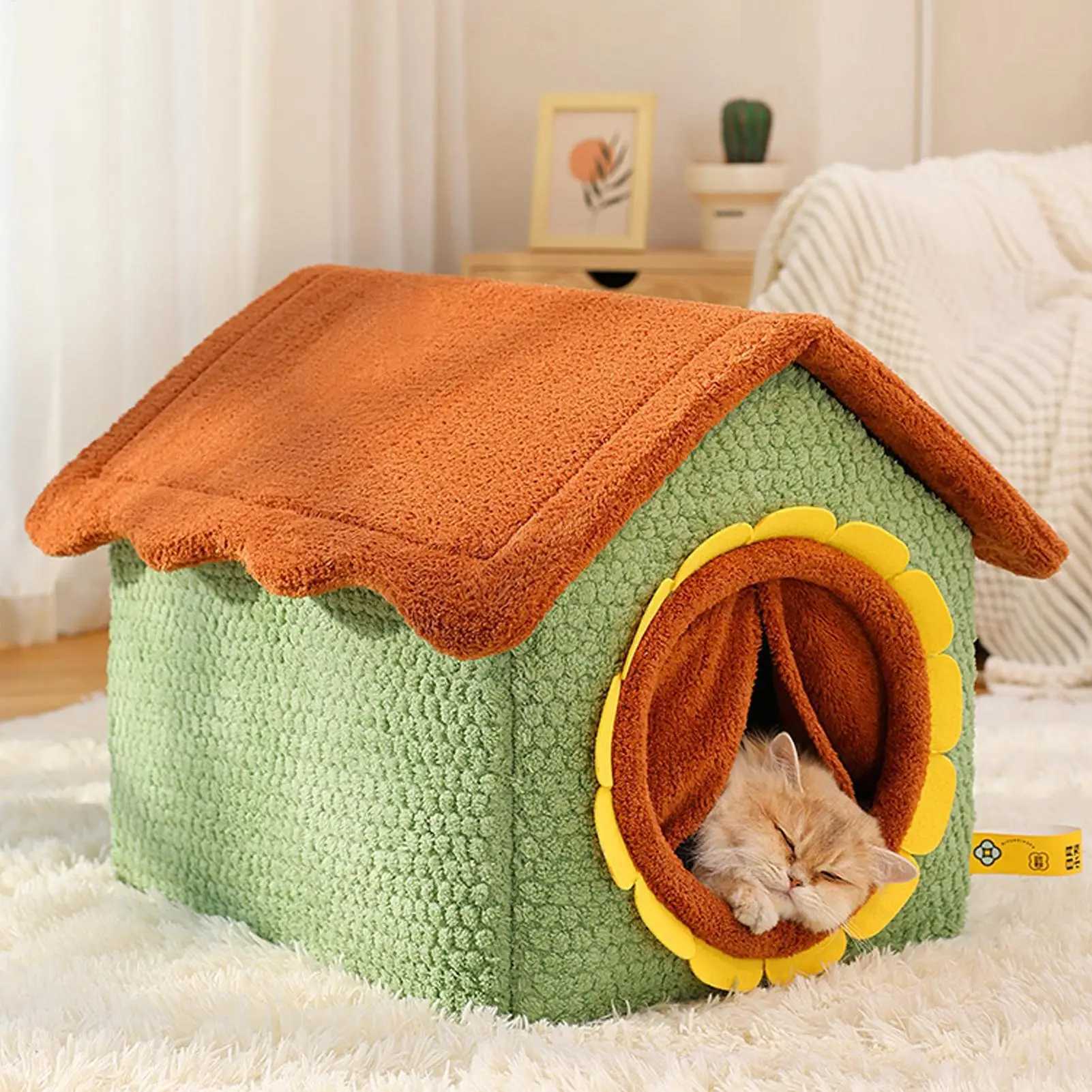 winter Sunflower warm cat bed Washable puppy bed enclosed cat house cave foldable detachable cats sleeping bed with door curtain J2511281