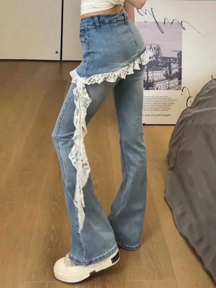Fake Two Lace Splicing Flared Jeans for Womens Early Autumn 2025 New Style High Waist Denim Pants J251031