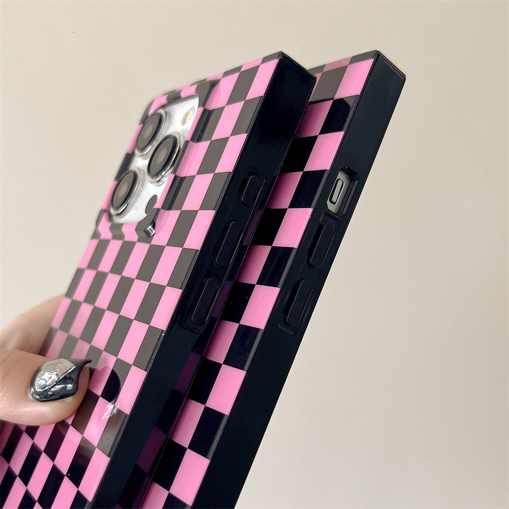 Pink and Black Checkerboard Phone Case Compatible with iPhone 17/16/15/14 Pro Max Niche Square Case iPhone 13 Pro