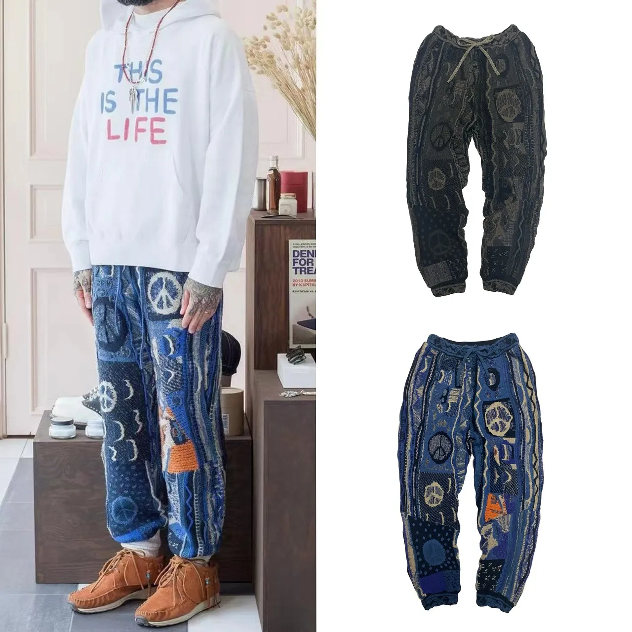 Kapital Vintage Men's Sweaters Top Quality National Characters Bitter Gourd Pattern Jacquard Japanese O Neck Pullover Knitwear Male Luxurious Des