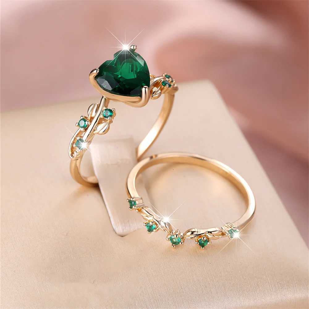 Royal Blue Green Black Red Stone Heart Ring Sets For Women Rose Gold Color White Zircon Bridal Wedding Bands Mothers Day JewelryXJ251031