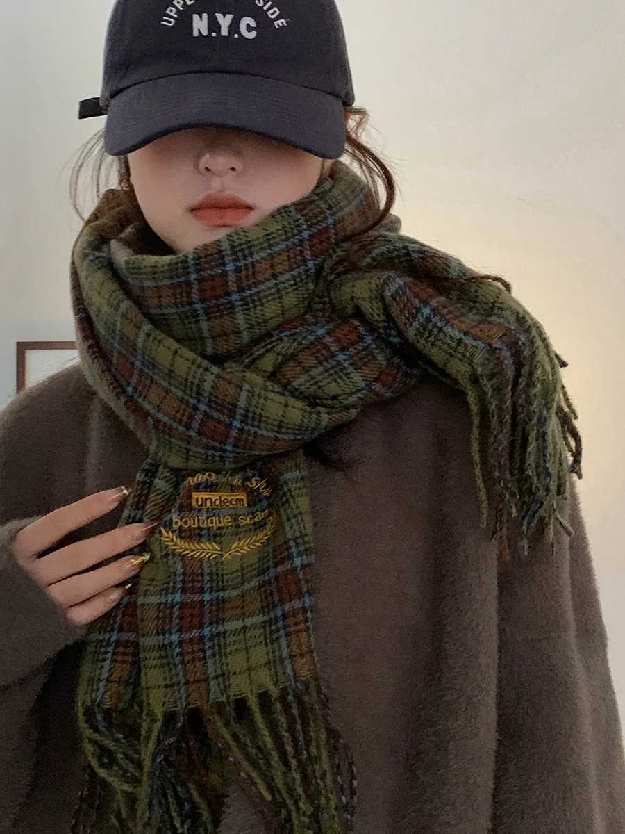 Embroidered Retro Plaid Scarf For Women HighEnd Korean Version Of Versatile Shawl For WinterW251030