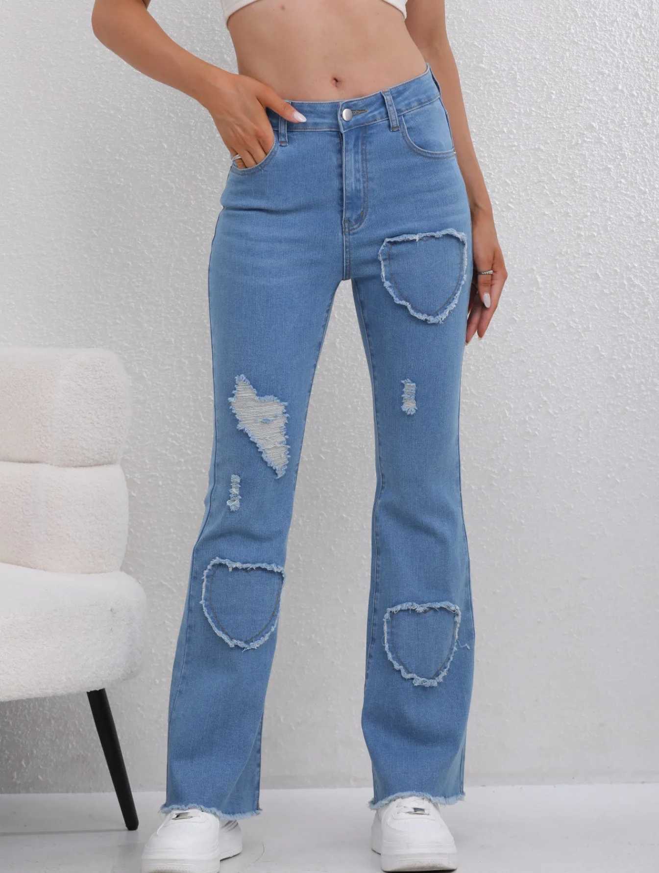 Denim Flared Pants Women Hole Jeans Boot Cut Distressed 2025 Streetwear High Waist Stretch Washed Vintage Full Length Trousers J251031