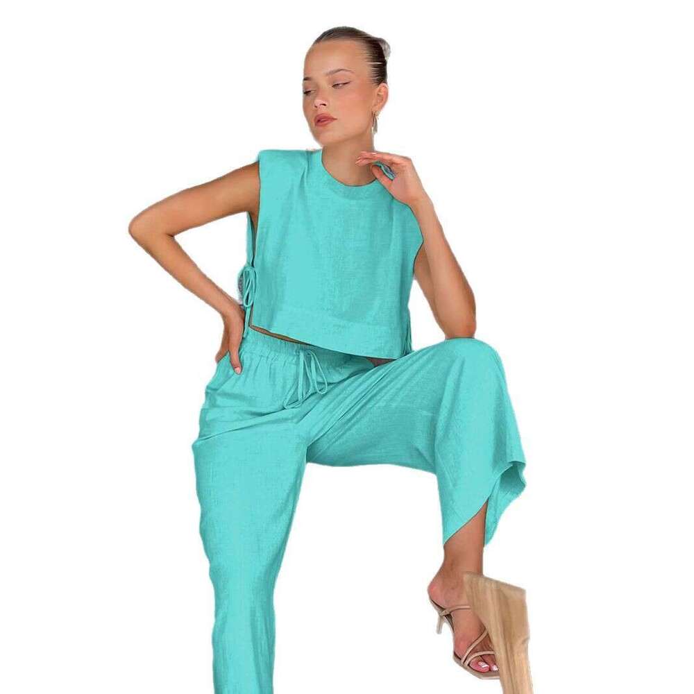 2025 Fashion Cotton Linen Suit Women's Summer Padded Shoulder Sleeveless Top Long Pants Two-Piece Set European And American Casual Women dc53