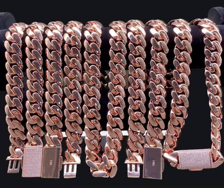 Rose Gold Miami Cuban Link Chain Solid Brass Hip Hop Cadenas De Oro Rosa Necklace Bold Streetwear Jewelry for Moissanite Anniversary