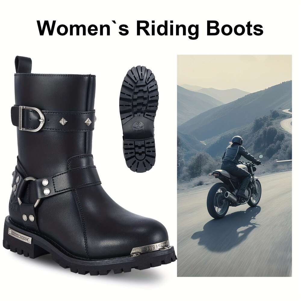 Women's PU Leather Harness Motorcycle For Riding, Waterproof Studded Biker Boots With Side Zipper & Buckle, Black Engineer Combat Mid-Calf Footwe