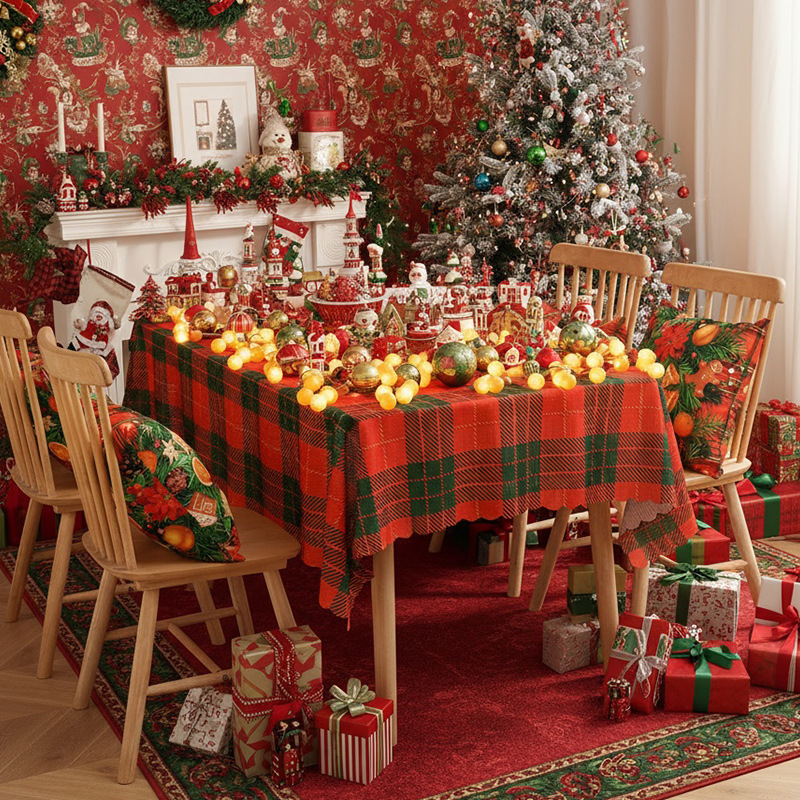 Retro plaid fabric rectangular white Christmas tablecloth with red and green decorative placemat HFQW01
