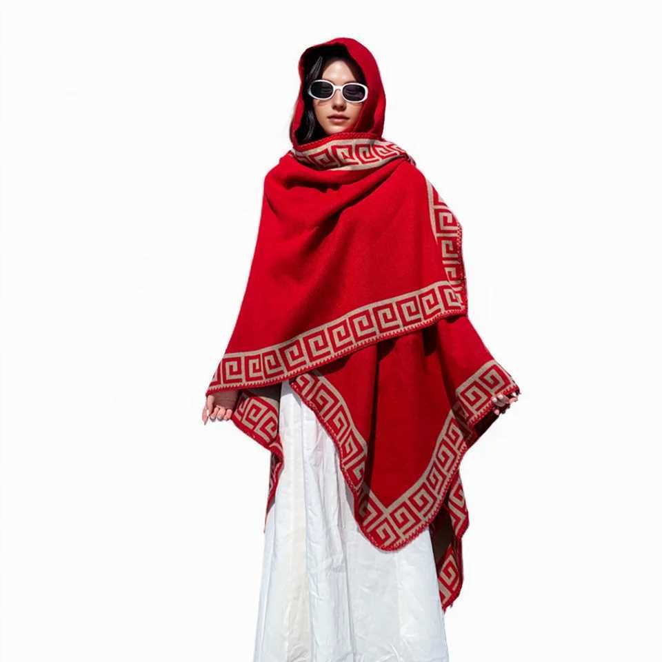 New Fine Ladies Shawl Scarf with Geometric Pattern Borders Hooded Wrap Shawl Autumn Winter outdoor Travel Stylish Women C251031