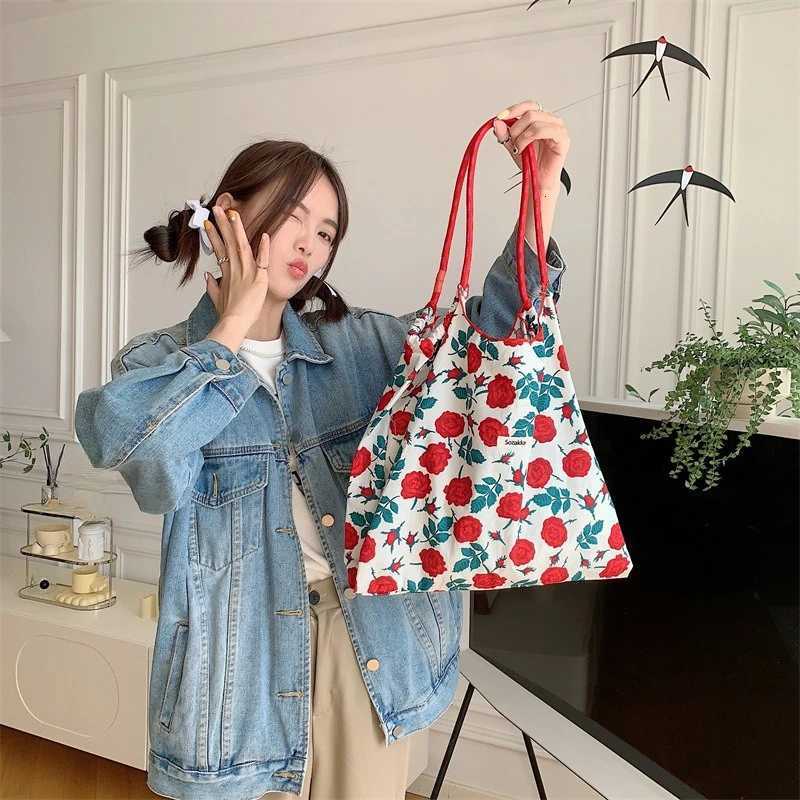 Canvas Shoulder Womens Tote Bag Fashion Flower Casual Large Capacity Handbags for Women Travel Solid Shopper Bag W251031