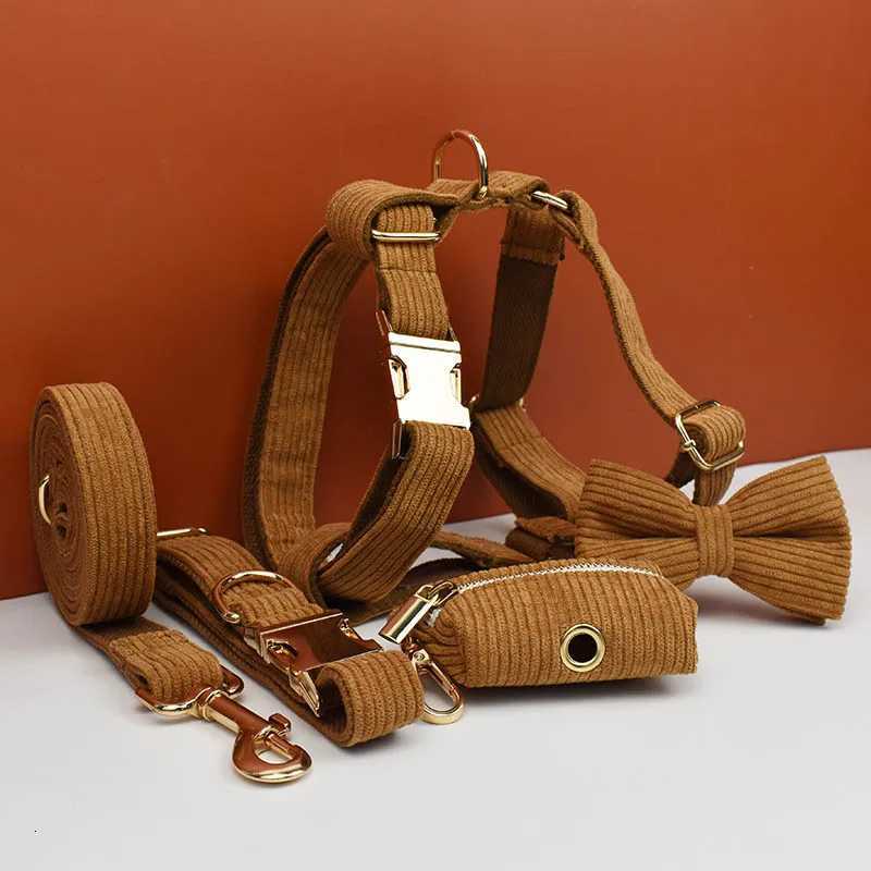 Caramel Corduroy Dog Collar And Leash Set For Dogs Custom Engraved Nameplate Pet Supplies Dog Leash Corduroy01 C251031