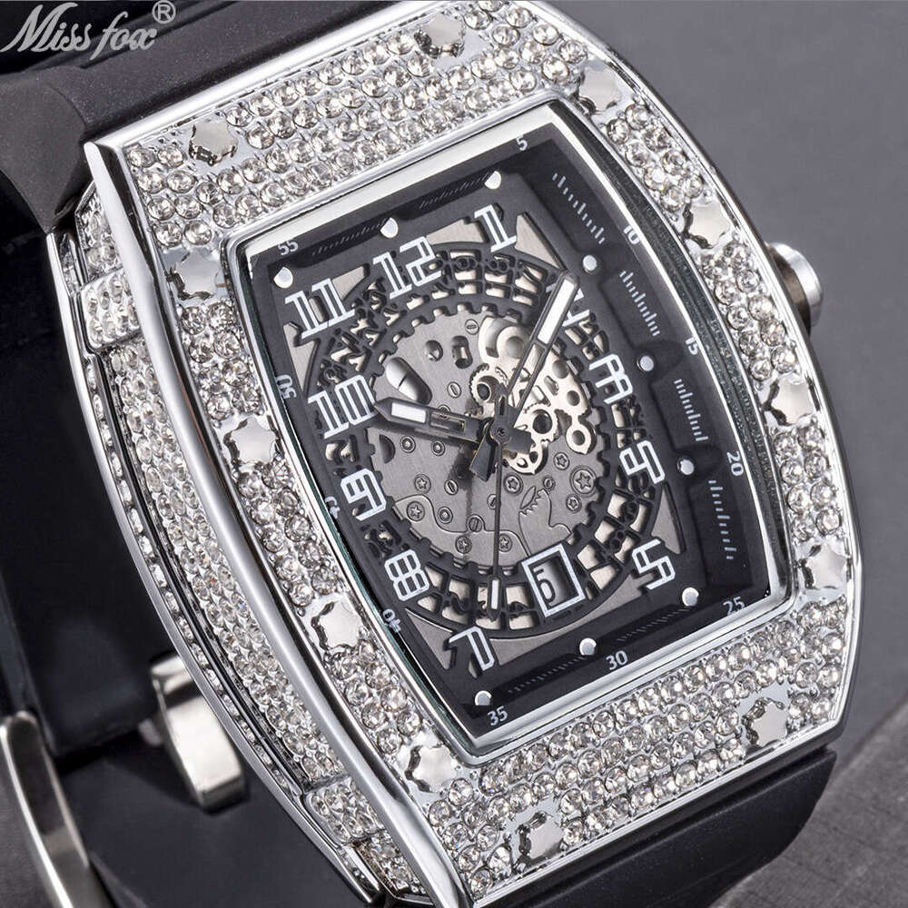 Fashionable classic watch Personality Full Diamond Barrel-Shaped Silicone Band Quartz Men's Watch