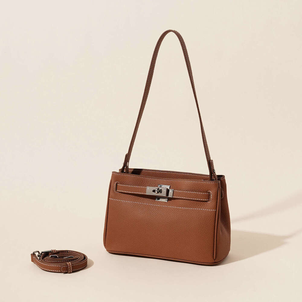 Top Layer Cowhide High-End New Vintage Lock Underarm Genuine Leather Shoulder Handbag Crossbody Bag