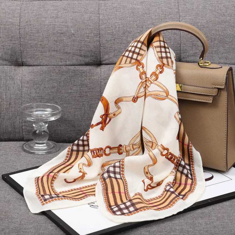 1pcs 70cm Plaid Chain Printed Square Scarf for Women Imitation Silk British Style Headwear Bag Decoration Clothing Square ScarfW251030