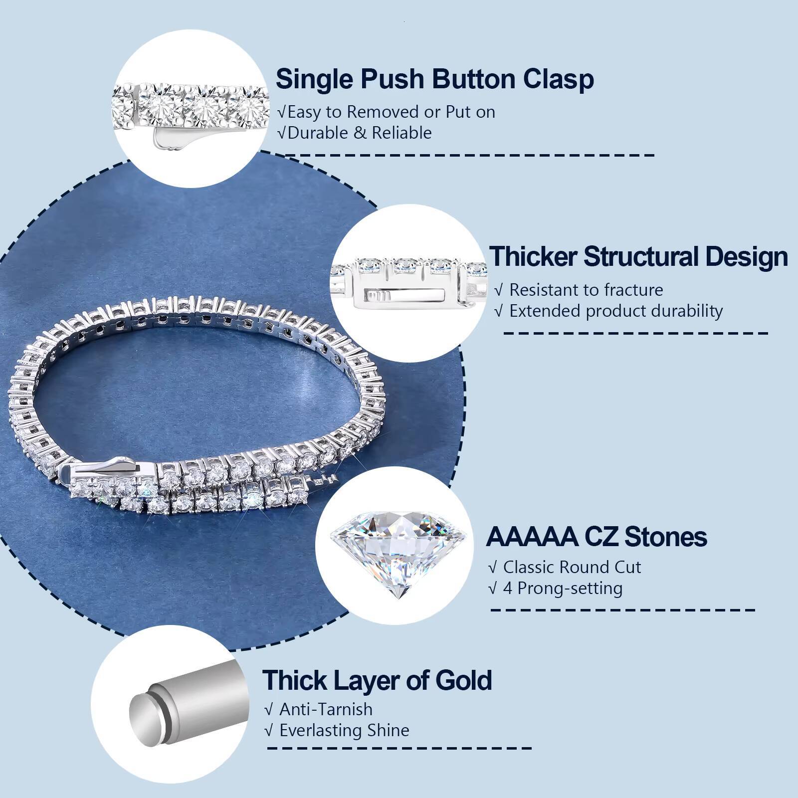 Sparkling Jewelry Gifts Women Men 5A Cubic Zirconia Iced Out Chains 14K White GoldYellow Gold Plated 3mm 4mm CZ Charm Bracelets