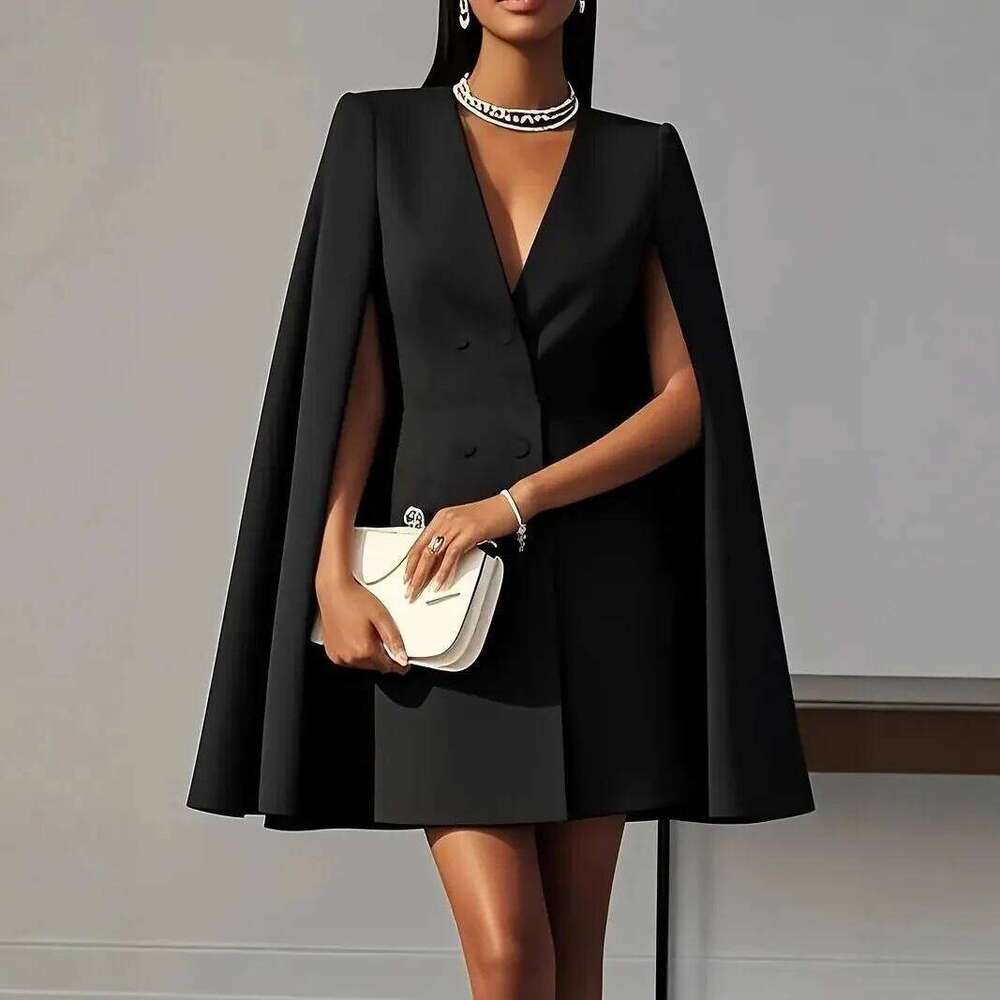 Women Fashion Commuter Solid Blazers Office Double Breasted Waist Party Elegant V Neck Shawl Cape Sleeve Dress