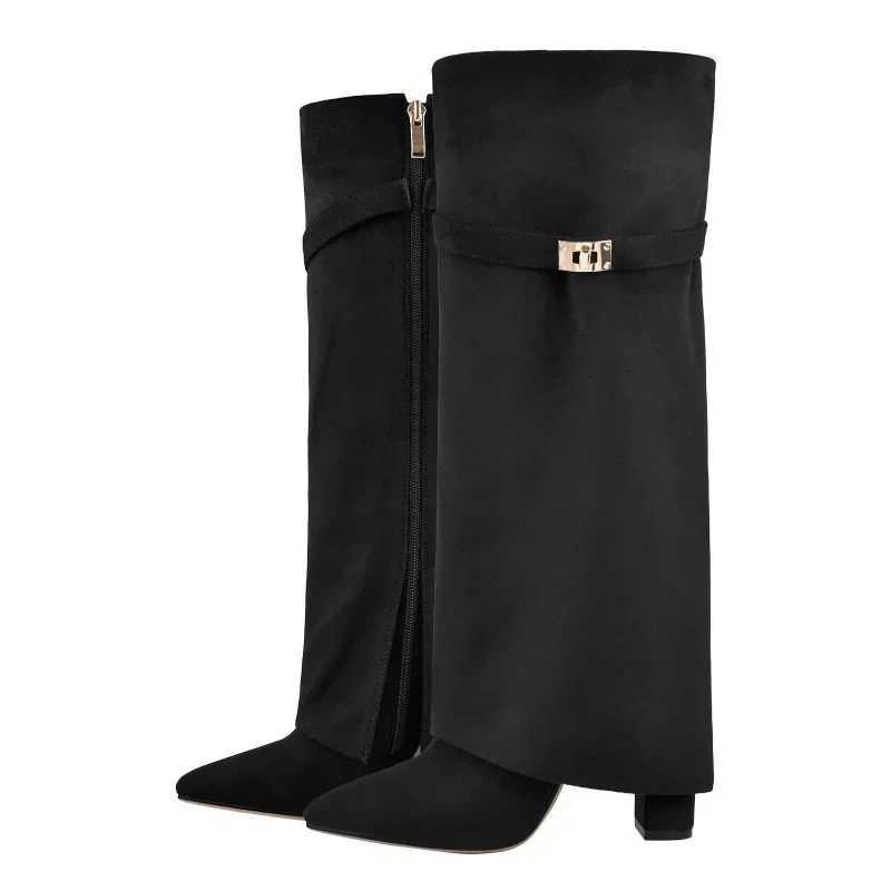 Elegant High Heel MidCalf Boots with Metal Buckles for Formal Banquets Stylish Riding Boots for Women Chunky Heel Dress Boots Z251029