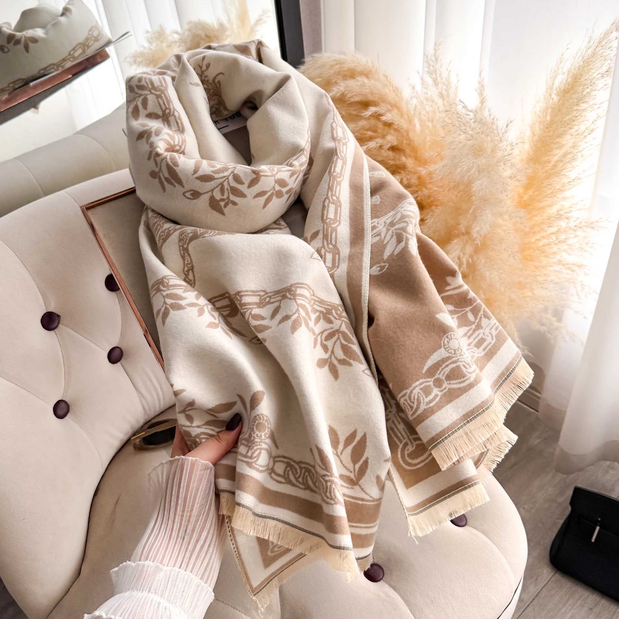 Luxury Leaf Animal Print Scarf for Women Warmer Winter Imitation Cashmere Scarves Thick Female Blanket Wraps C251031