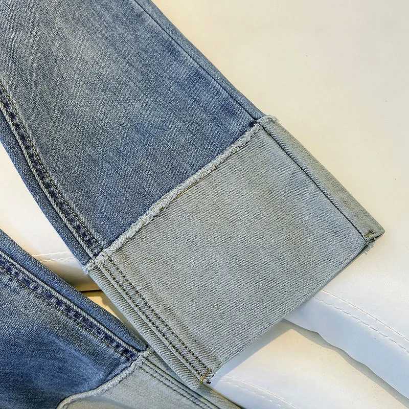 2025 Spring Autumn Womens Jeans High Waist Slim Fit Flipped Panel Elastic 9point Pipe Pants Female Denim Straight Trousers J251031