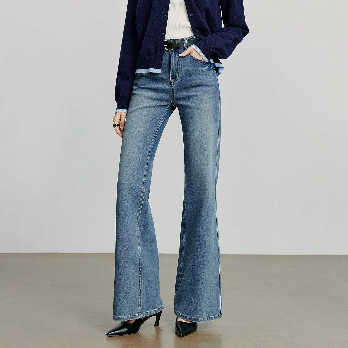 TOYOUTH Women Denim jeans 2025 Autumn New Lycra Stretch Mid Waist Cotton Flares Pants J251031