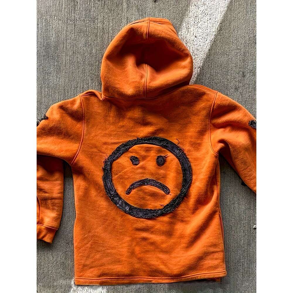 Y2k Retro Hip Hop Zip Hoodie Distressed Joyful Face Graphic, Full-Zip Closure, Loose Streetwear Jacket, A-Line Silhouette & Split Hem Vibrant Orange B