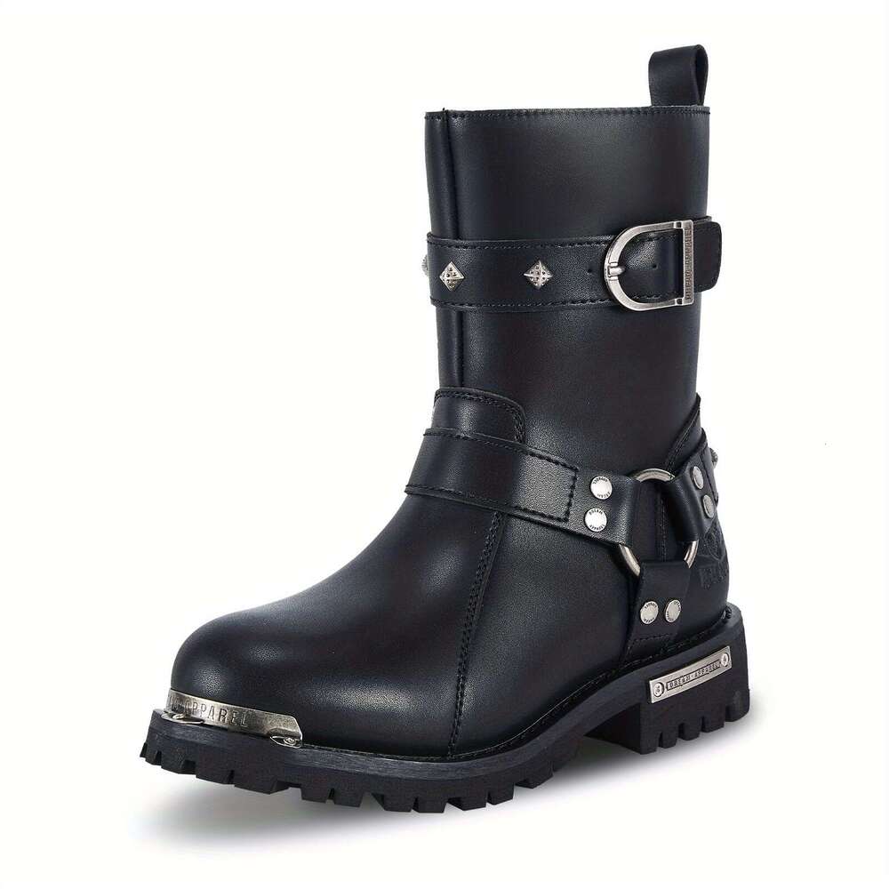 Women's PU Leather Harness Motorcycle For Riding, Waterproof Studded Biker Boots With Side Zipper & Buckle, Black Engineer Combat Mid-Calf Footwe