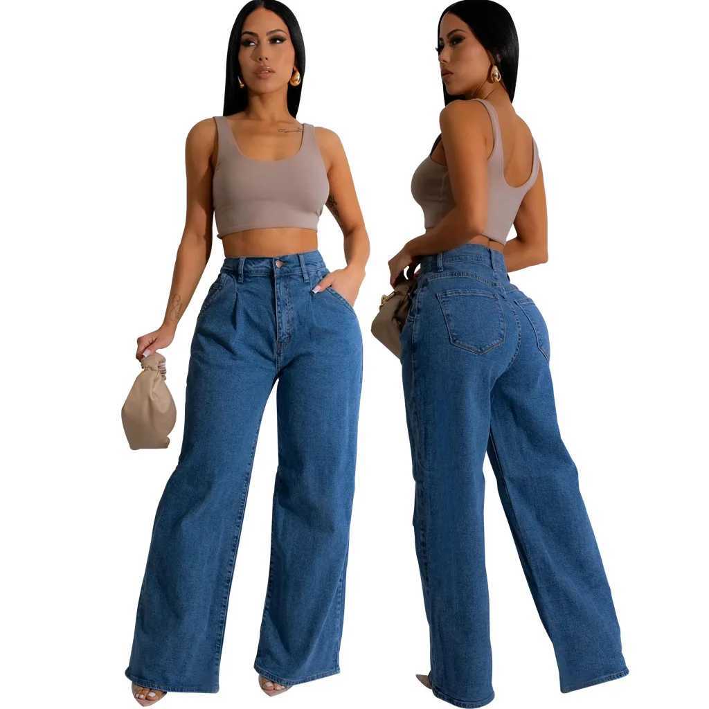 Jeans Women Long Pants Denim Wide Leg Pant Slim Fit Casual Y2k Streetwear Button Pocket High Waist Elegant Straight Trousers J251031
