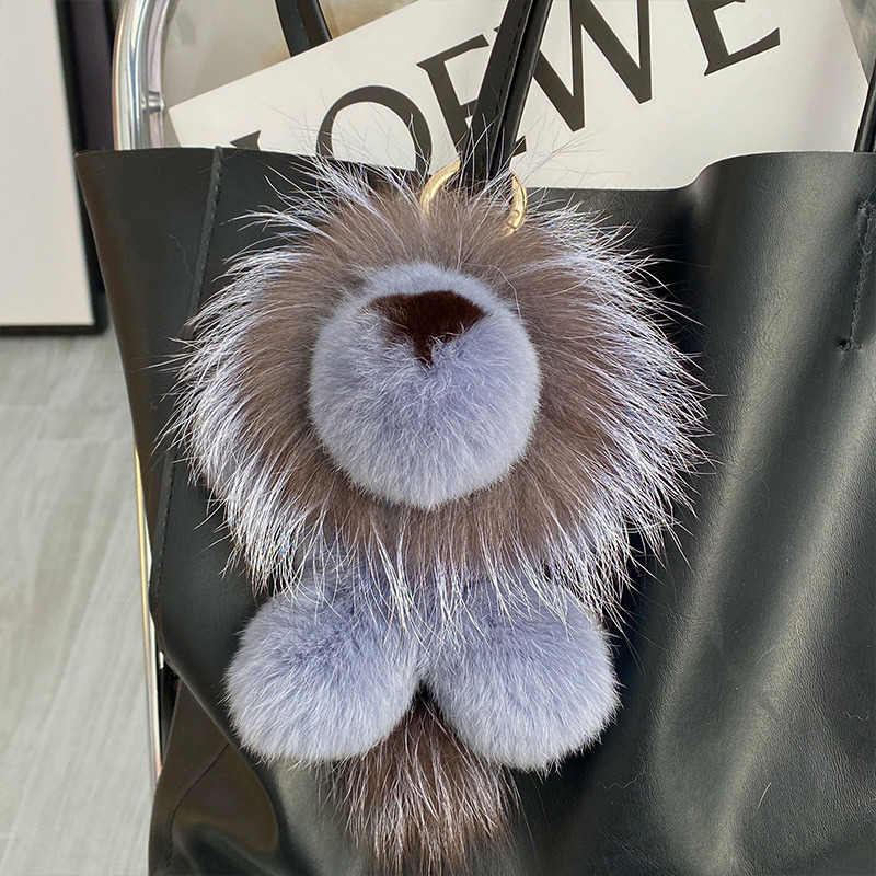Animal Plush Keychain, Fluffy Keychain: Real Rex Rabbit Fur Simba Lion Bag Charm, Car Key Ring Ornaments, Kids Birthday Gift TUES