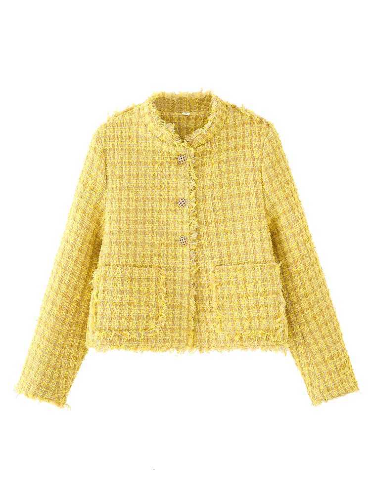 HH Fashion Women Yellow Tweed Jackets Slim Single Breasted Long Sleeve Autumn Coats Female Small Fragrant Style Outerwear Y251105