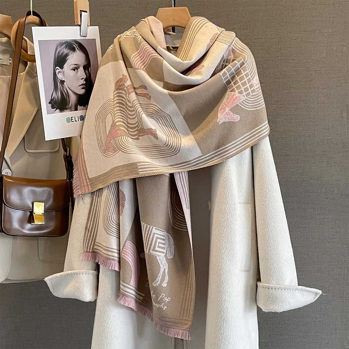 Winter Cashmere Scarf Women Luxury Horse Print Scarves Shawl Female Wrap Scarves Lady Thick Warm Blanket Gift Echarpe PashminaW251030
