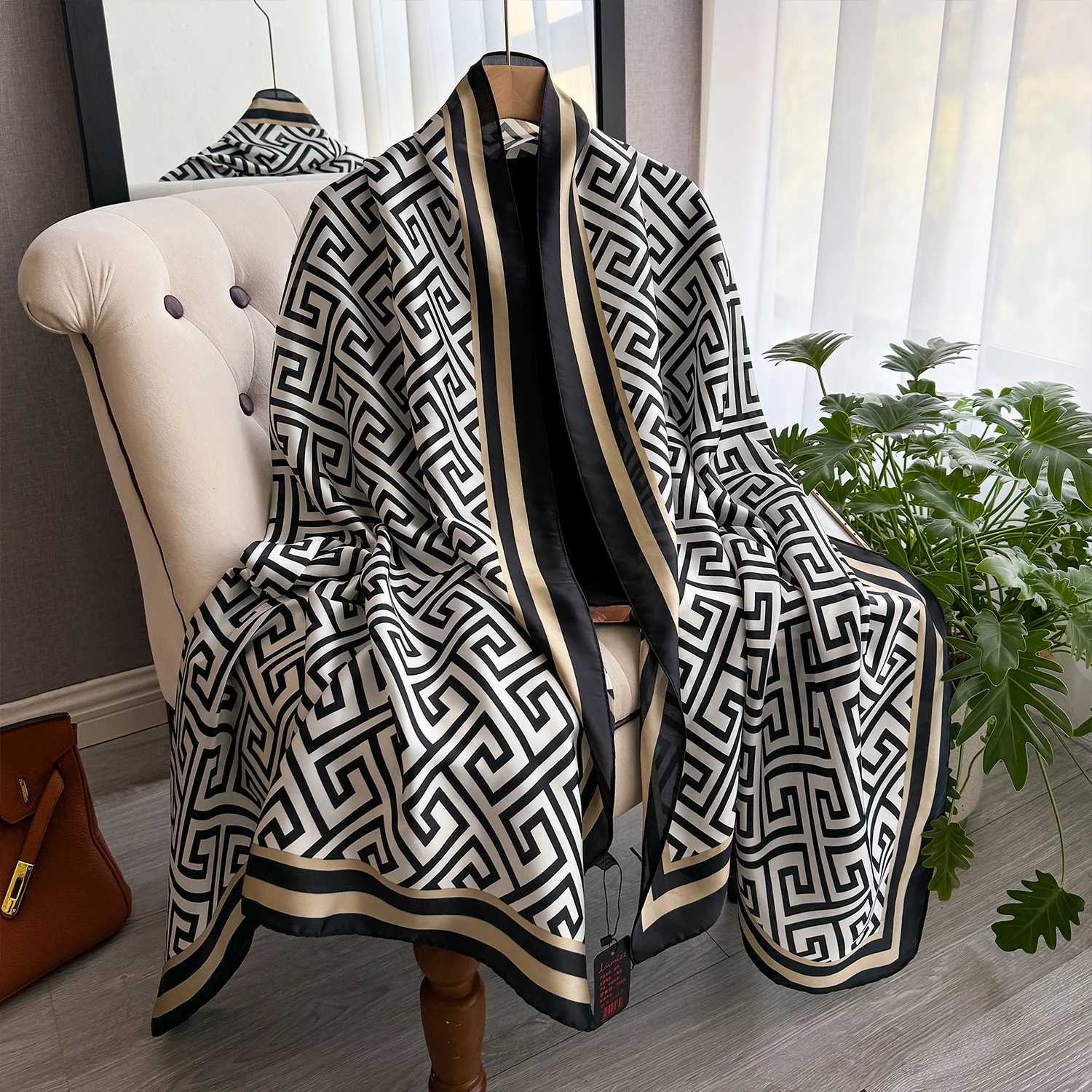 2025 Spring 18090CM Fashion Dustproof Big Bandanna Popular Satin Finish Silk Shawls Scarves Luxury Print Sunscreen Beach Towel C251031