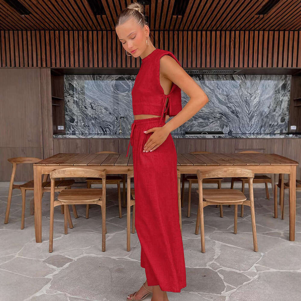 2025 Fashion Cotton Linen Suit Women's Summer Padded Shoulder Sleeveless Top Long Pants Two-Piece Set European And American Casual Women dc53