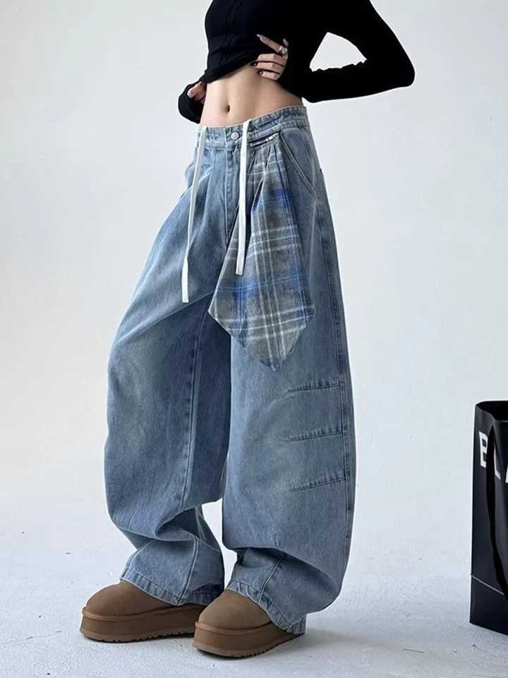 Vintage Streetwear Women Jeans Plaid Square Scarf Patchwork Wide Leg Denim Pants Loose Street Dance Lace Up High Waist Trouser J2510311