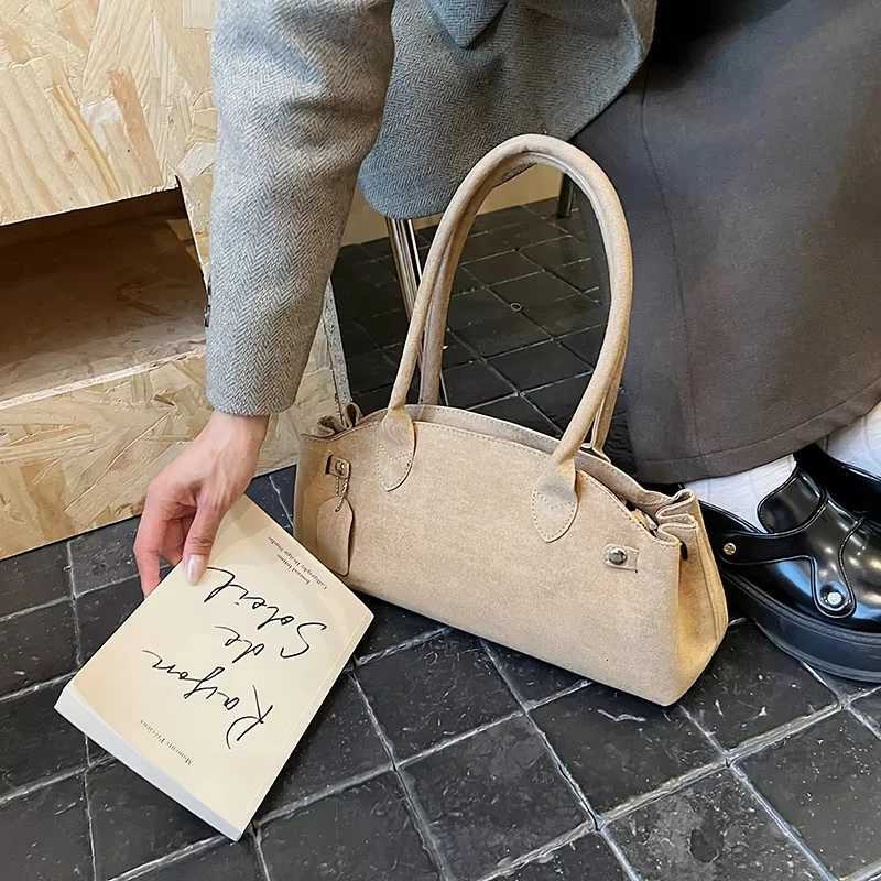 French Style Underarm Shoulder Bags For Women PU Suede Pure Color Tophandle Bag 2025 Autumn New Luxury Designer HandbagsT251031