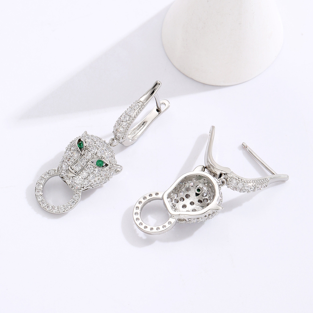 Earrings Fine Jewellery Green Eyes Leopard Animal Stud with Paved Cubic Zirconia Steel Needle for Party Wear Special Occasion Gift High Quality Textur