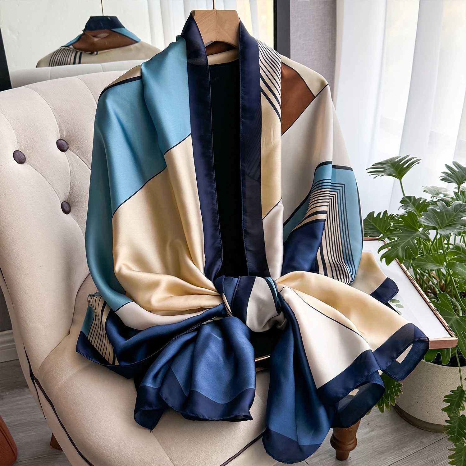 2025 Fashion Luxury Silk Scarf Womens Soft Smooth Scarf Wrap Turban Outdoor Scarf Long Shawl Beach Sunscreen 18090cm C251031