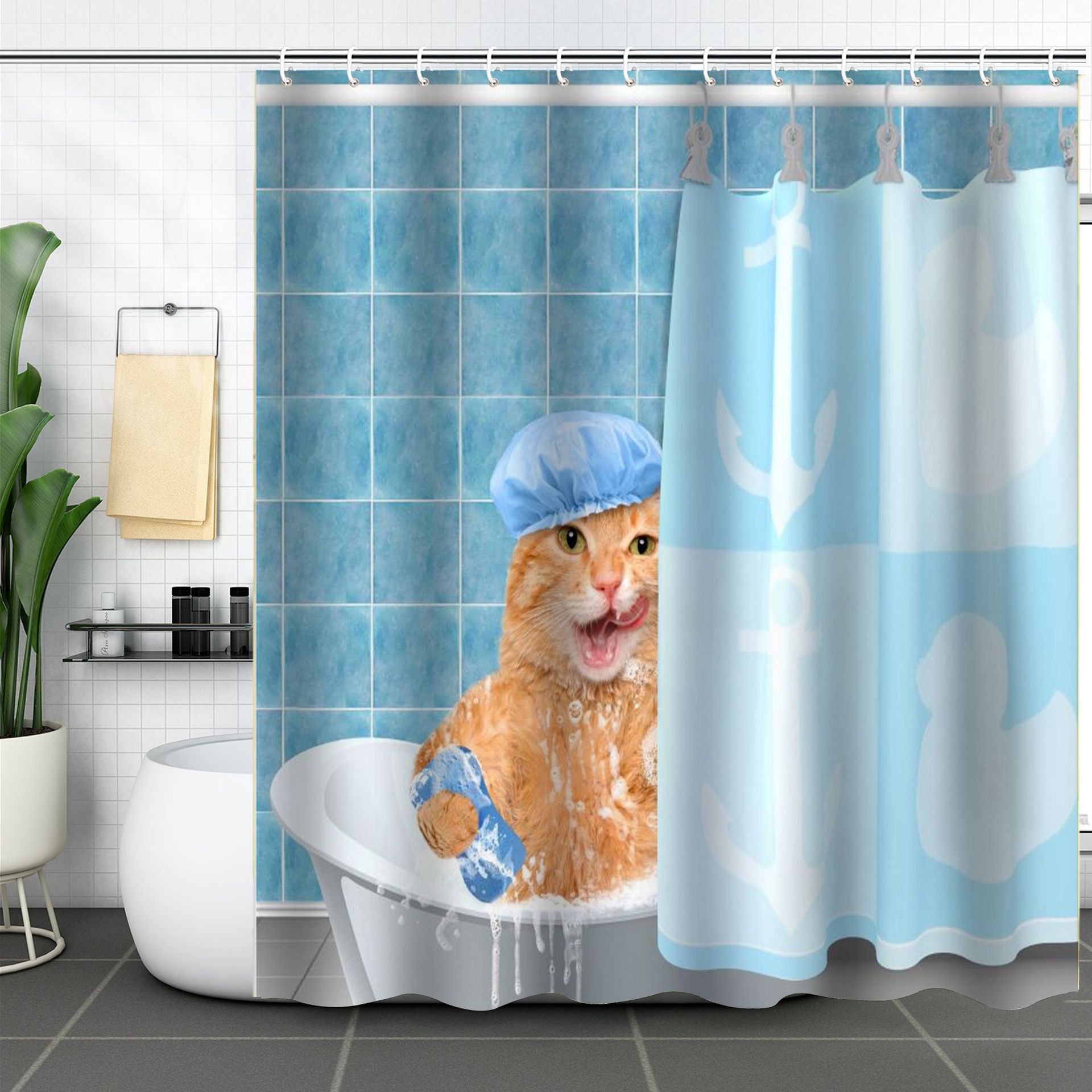 YL-37599 3D Digital Shower Curtain for Kitty Bathing, Bathroom Dry and Wet Separation, Polyester with Hooks, Isolation Curtain