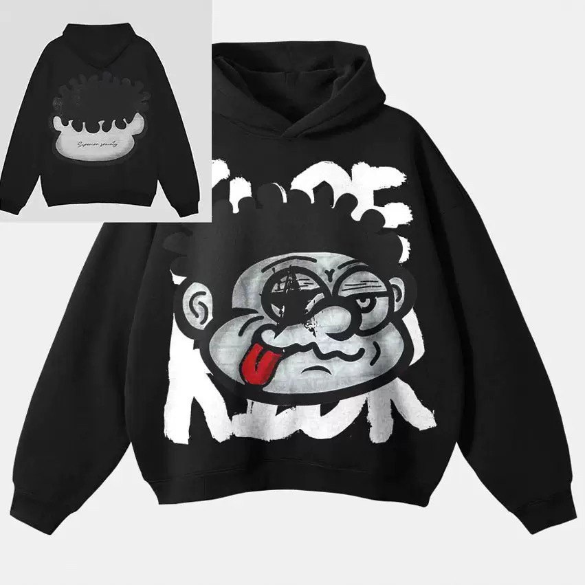 Men's Hoodies Cartoon 3D Print Hoodie Men Vintage Loose Pullover Kangaroo Pocket Streetwear Black For Autumn Winter