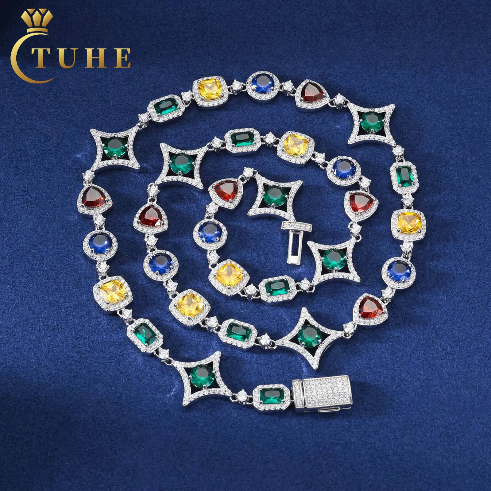 New Arrival Luxurious Fine Jewelry 925 Sterling Silver Colored Moissanite Link Chain Tennis Necklace for Party