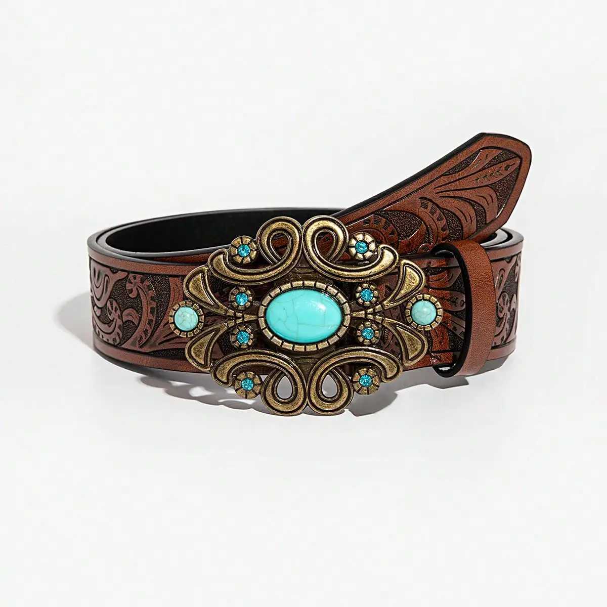 1pc Womens Brown Vintage Carved Flower Metal Buckle Flower Embossed Belt Jeans Versatile Decorative BeltW251030