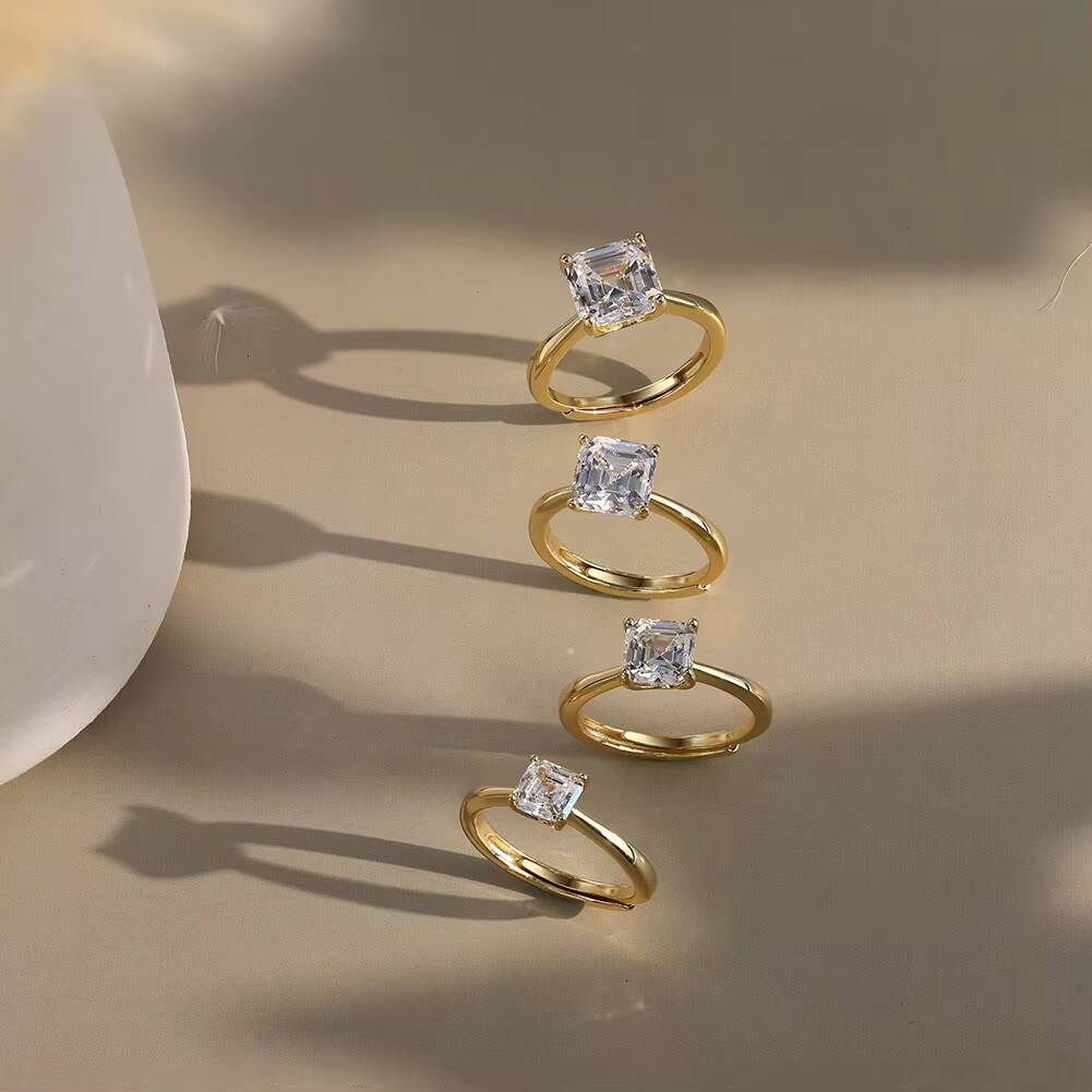 RINNTIN SMOR04 Fine Jewelry 925 Sterling Silver Moissnaite Square Cut Engagement Wedding Adjustable Ring with Certificate