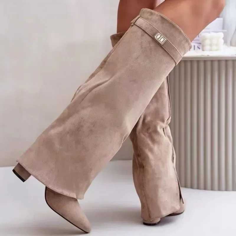 Elegant High Heel MidCalf Boots with Metal Buckles for Formal Banquets Stylish Riding Boots for Women Chunky Heel Dress Boots Z251029