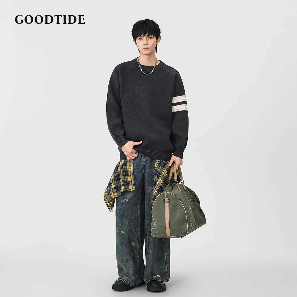 2025 Winter Fashion Mens Casual Crew Neck Sweater Stripe Sleeve Raglan Sleeve Knitted Pullover Soft Long Sleeve Jumper Top J251021